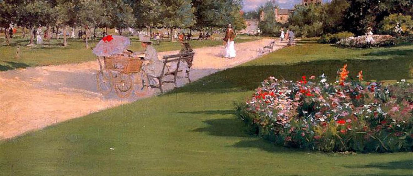 painting of Edwardian woman with pram sitting on park bench, others strolling about, red and white flowers in beds, trees in leaf