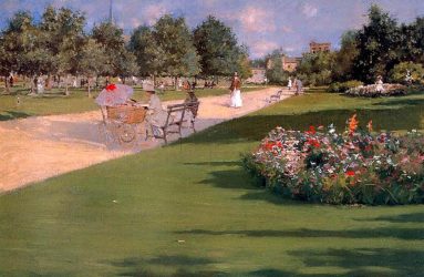 painting of Edwardian woman with pram sitting on park bench, others strolling about, red and white flowers in beds, trees in leaf