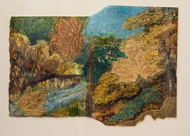 autumn landscape with fabric and stitch in golden browns