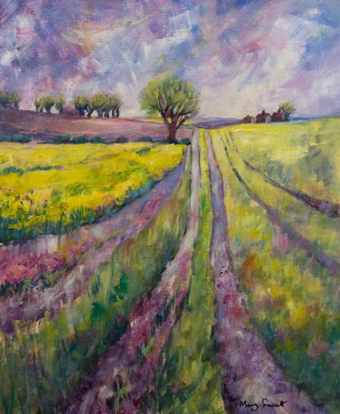 spring field with yellow flowers, trees on horizon and purple toned sky
