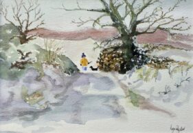 watercolour of woman in yellow walking dog in snow by Lynn Ryder