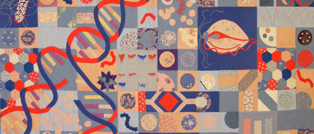 various quilted virus cells, dna helix, chromosomes in block design