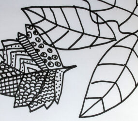 outline of leaf shapes in black pen, filled in with zigzag lines and dots